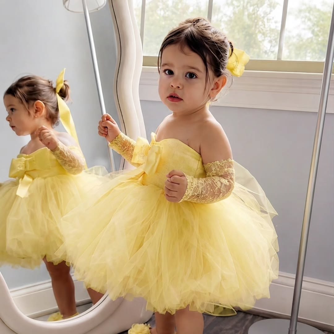 Embroidery Yellow Dress - Prenses Sarı Çiçek Kız Elbise Düğün