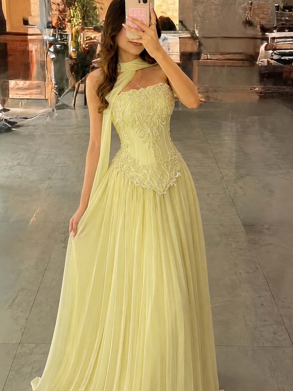 Embroidery Yellow Dress - Kişiye Özel Seksi Sarı Dantel Korseli