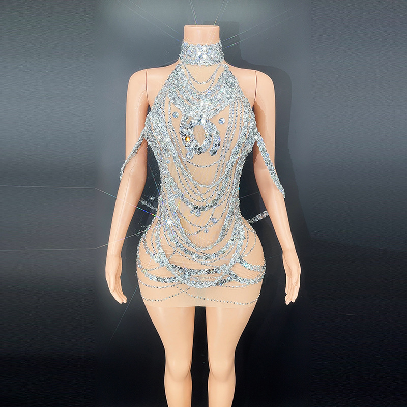 Embroidery Beads - Seksi ışıltılı gümüş balo kıyafetleri Glitter