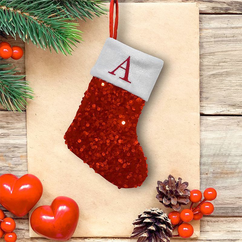 Embroidery Xmas Stocking - Kırmızı Pullu Noel Çorabı A Harfi