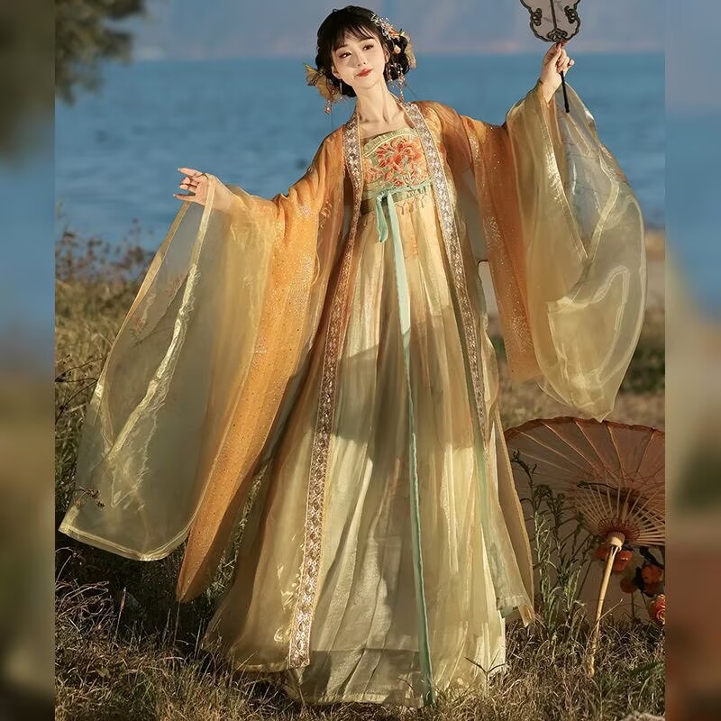 Embroidery Yellow Dress - Kadın Geleneksel Çin Hanfu Elbisesi Nakışlı