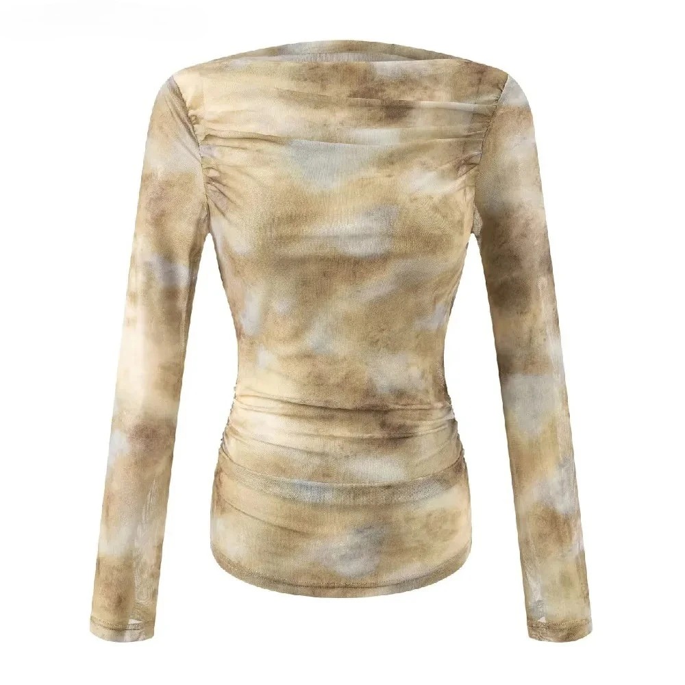 Embroidery Fashion - 2025 Seksi Tie-Dye Baskılı Büzgülü Omuzlu