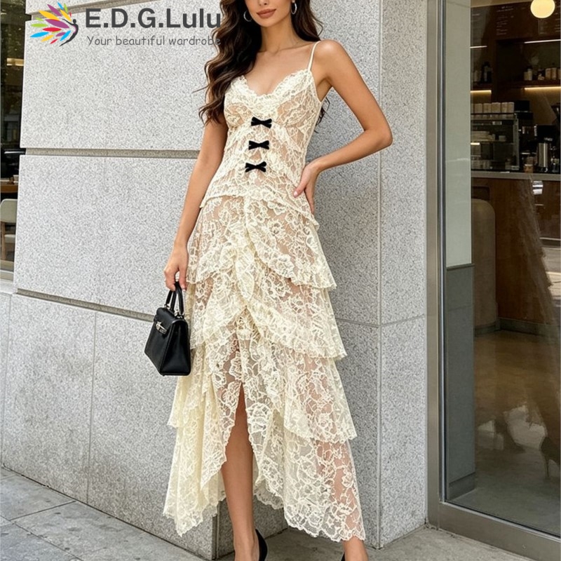 Embroidery Yellow Dress - EDGLuLu V Yaka Tek Sıra Fiyonk