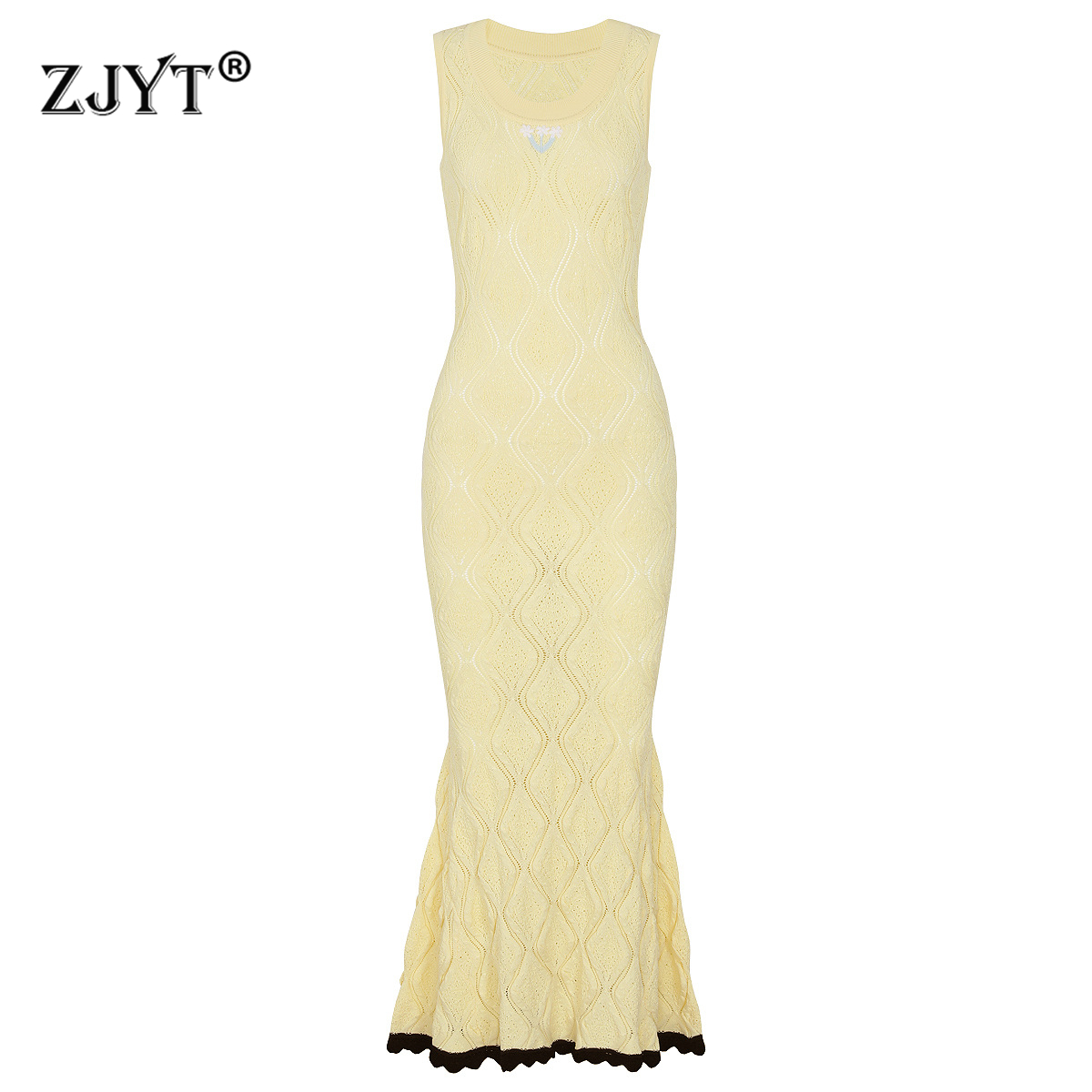 Embroidery Yellow Dress - ZJYT kadın Yaz Uzun Örme Elbiseler