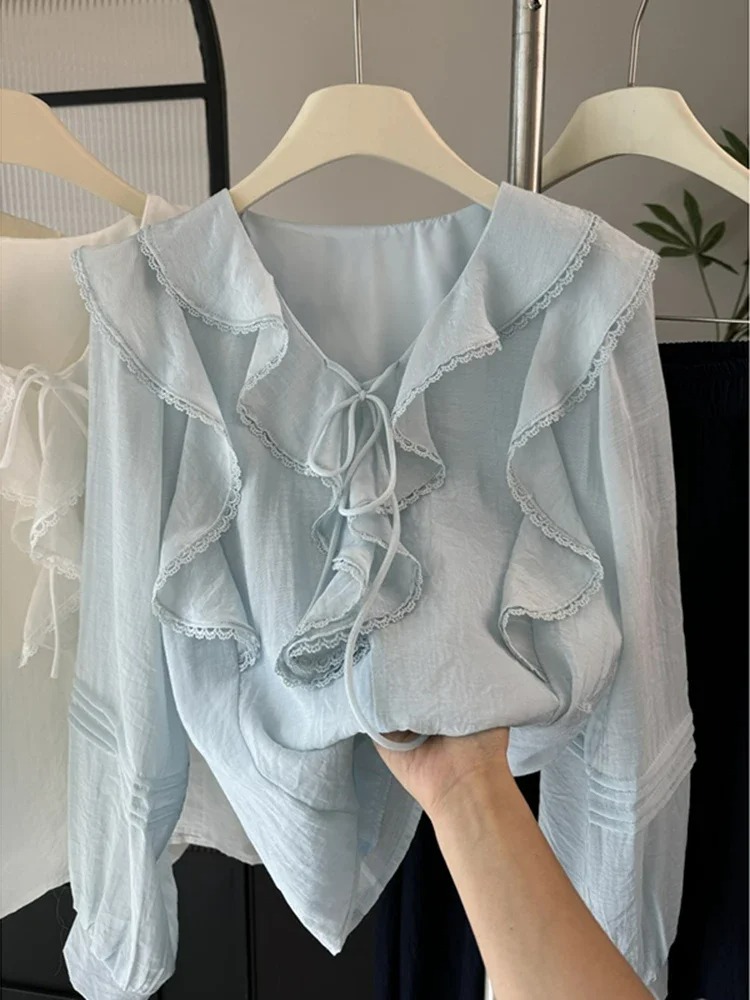 Embroidery Fashion - Fransız V Yaka Şık Uzun Kollu