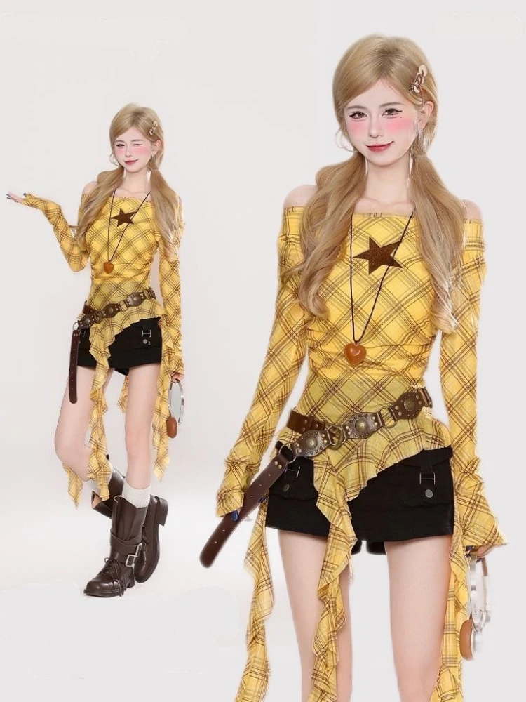 Y2K Ekose Slash Yaka Vintage K - Embroidery Fashion incelemesi ve fiyatı